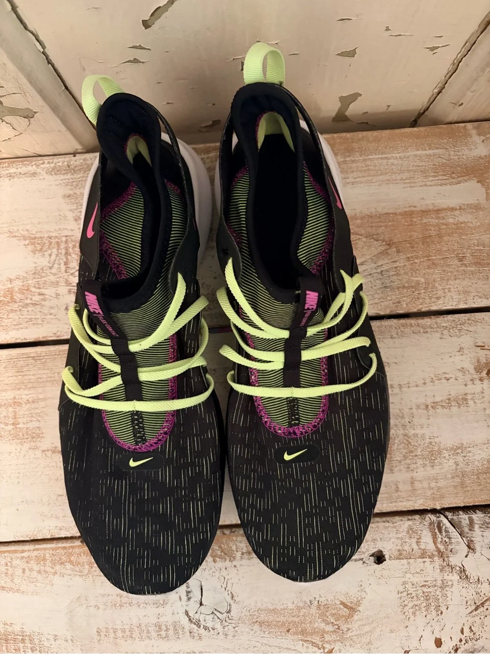 Nike Kids Black Sneakers with Neon Green Laces & Pink Swoosh